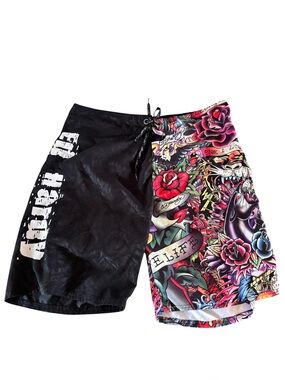 Y2K Ed Hardy Board Shorts Tattoo Print Swim Surf Mens 38
